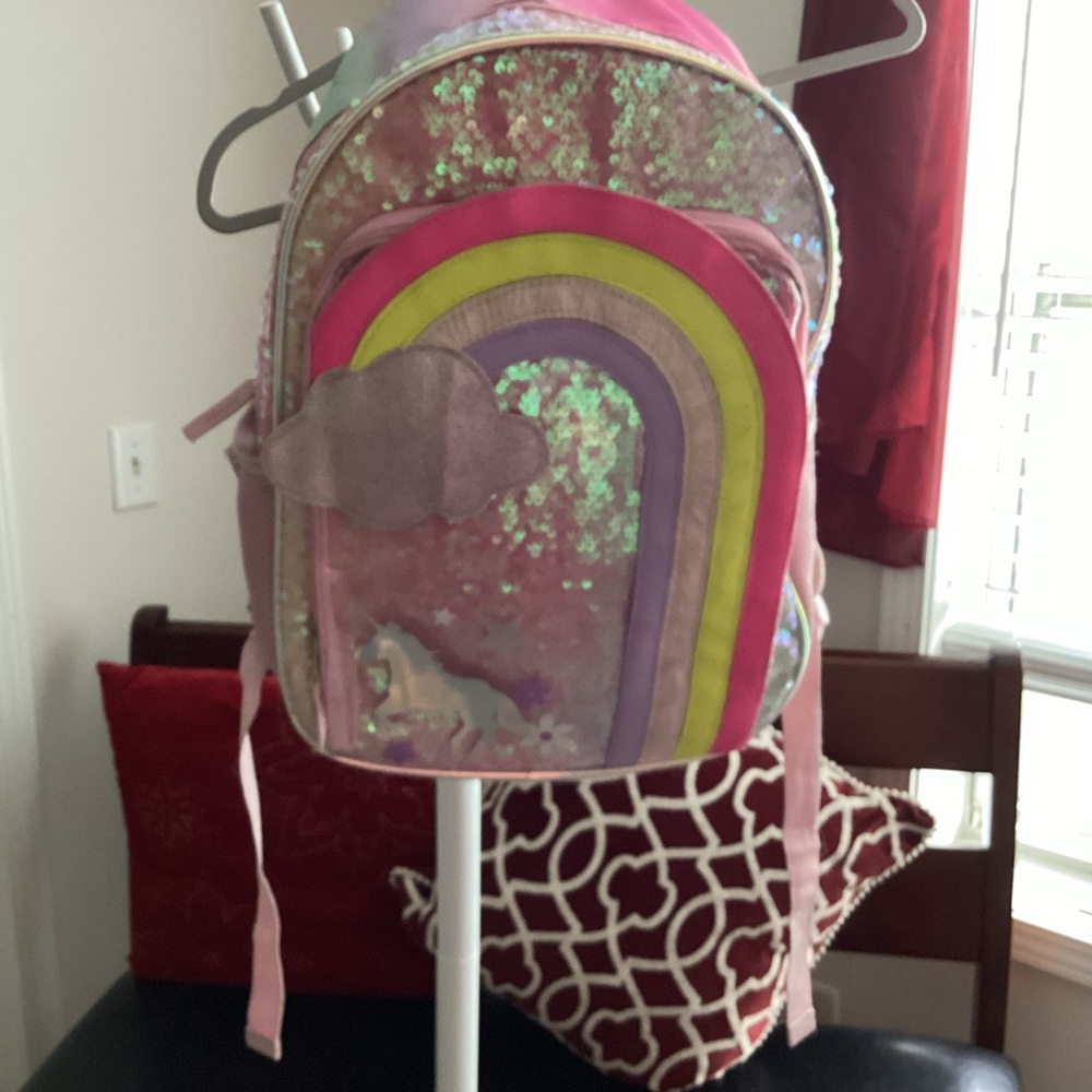 rainbow sequin and unicorns book bag